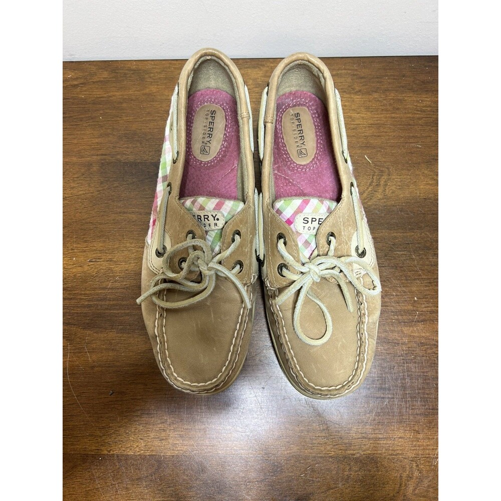 SPERRY Top Sider Tan Leather Flats Boat Shoes Women's Size 7M Pink Green Plaid